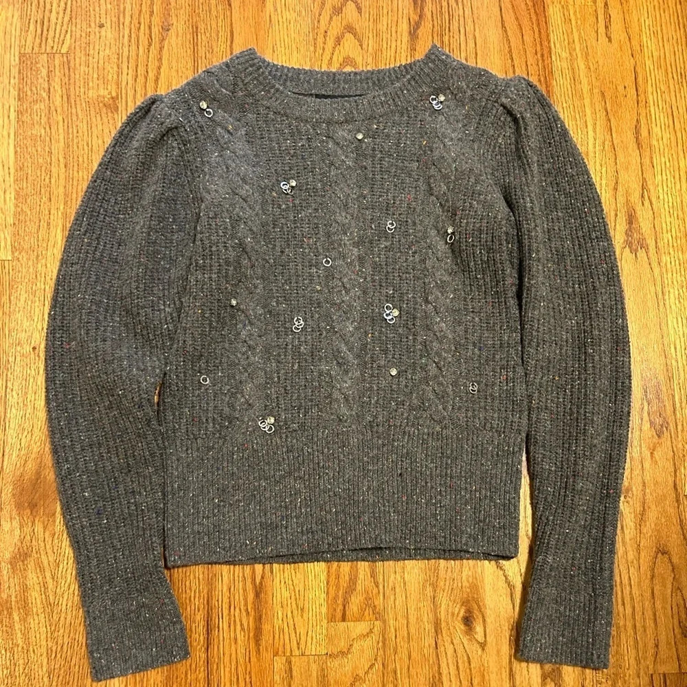 Something Navy Jewel Decor Puff Sleeve Wool Sweater